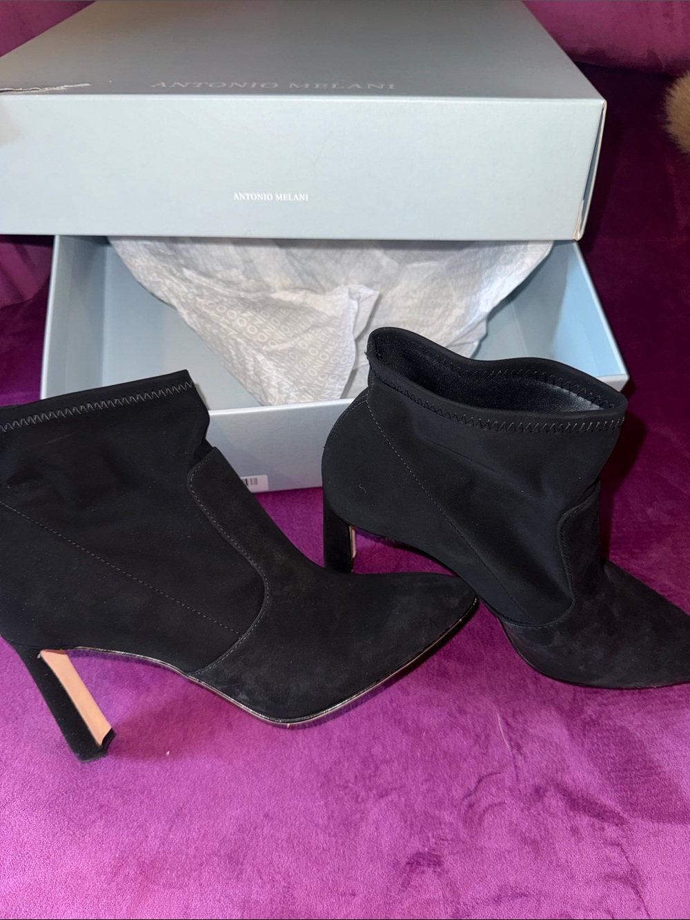 ANTONIO MELANI Black Suede Pointed Toe Ankle Booties Style Suzon size 7.5 - Picture 12 of 13